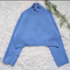 ザラ クロップド丈 ショート丈 ニットトップス ハイネック ブルー L
