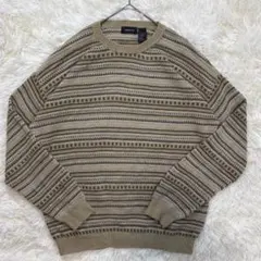 【90s】claiborne 総柄 ボーダーニット XL ベージュ アースカラーのサムネイル
