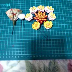 ハンドメイドつまみ細工花と扇子のかんざしセット 5点