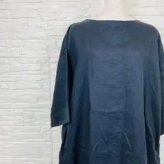 MUJI ネイビー L 麻100% ひざ丈ワンピース