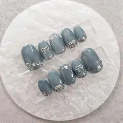 くすみグレー リボン スター マグネット ラメ ネイルチップ 04337