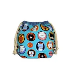 【底マチ幅が広い巾着】◆フレームに猫×ブルー地◆裏地あり巾着