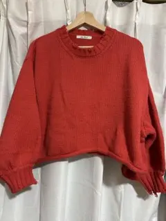 赤　ニット　ショート丈