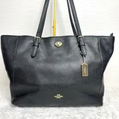 大容量】 COACH トートバッグ A4可 レザー 紺 ロゴ金具 ターンロック 