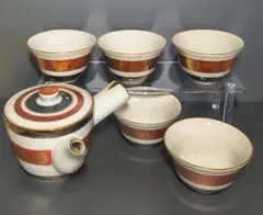 九谷焼 急須1点・湯呑5客 金彩赤絵 加賀九谷 鳳凰 japan vintage