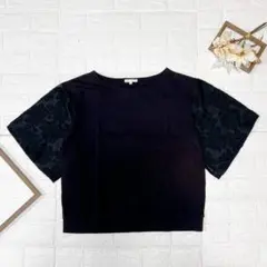 studio CLIP 袖レース 5分袖トップス L ブラック レース切替
