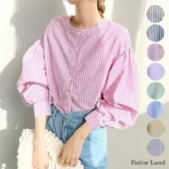 シャツ ブラウス ストライプバルーンスリーブバンドカラーシャツブラウス