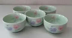 花柄緑色陶器湯飲み5個セット