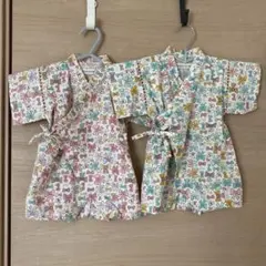 リボン柄　甚平ロンパース　グリーン＆ピンク　70