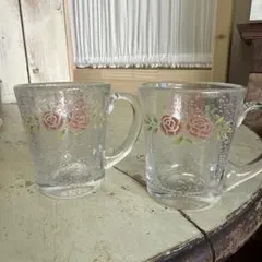 マニー ステンシルローズバラ柄 バブルガラス マグカップ 2個セット気泡ガラス