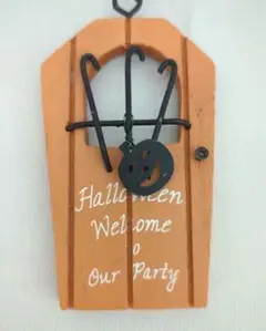 Halloween 　かぼちゃモチーフ付きウェルカムサイン風 ドア型木製壁掛け