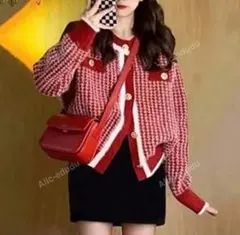 ♡赤チェック柄ニットカーディガン ♡