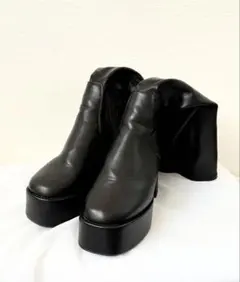 膝丈 ブラックレザープラットフォームロングブーツ