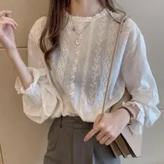 新品 キャンディー スリーブ ブラウス レース パフスリーブ 花柄 韓国風 M