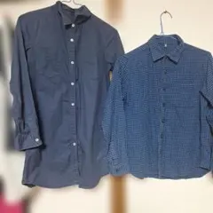 ユニクロ、キッズ150サイズネイビー無地シャツとチェック柄シャツセット