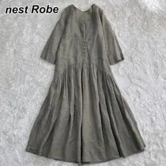 nest Robe リネンワンピース 七分袖 フリーサイズ　グリーン系