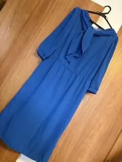 レトロ青ストライプ長袖ワンピース