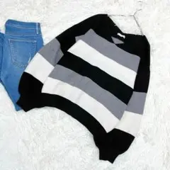 FUN 長袖ニット ボーダー柄 vネック カジュアル モノトーン