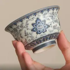 青と白の花柄 中国茶器 陶器製