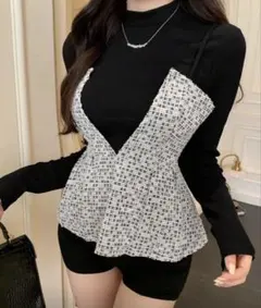 ツイード風ペプラムビスチェ 黒と白 ♡