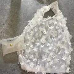 Francfranc フラワー　チュールバッグ　エコバッグ　花柄　白　刺繍