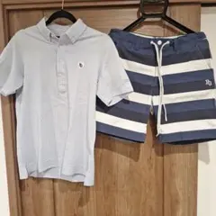 パーリーゲイツゴルフウェア　水色チェックボタンダウンシャツとストライプパンツ