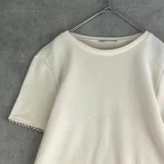 ZARAザラ（S）デザイン半袖Tシャツ ニット素材 袖元ビーズ装飾 ホワイト系