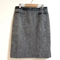 美品✨レリアン　ひざ丈ツイードスカート　フェイクレザー　シルク混　グレー　M