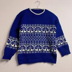 ノルディック柄 ニットセーター ブルー×ホワイト 長袖 海外古着