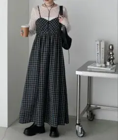 forksy.　フォルクシー　チェック柄スイッチングロングキャミワンピース