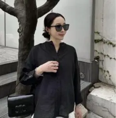 YONFA シアーリネンシャツ　7分袖　ブラック