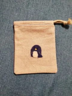 巾着袋　ペンギン　羊毛フェルト刺繍　ハンドメイド