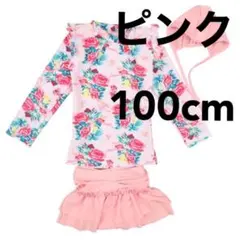 大人気かわいい花柄  キッズ女の子三点セット水着ラッシュガード 帽子付きピンク