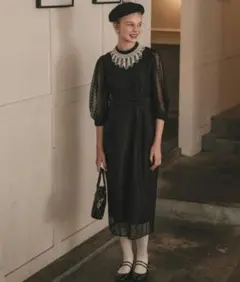 【BONLECILL noir】ベロア切替ヴィンテージ総レースペンシルドレス