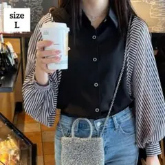 長袖切り替えシャツ シアーシャツ ゆったりオーバーサイズ ストライプ ブラック