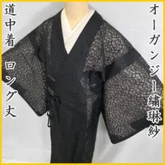 503mc29○道中着 紋紗 パルメット唐草 金彩 単衣 ロング丈 コート 黒 