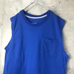 A4178古着　タンクトップ　青　無地　ノースリーブ　カットオフ　90s Y2K