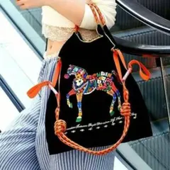 エコバッグ 刺繍 馬 ブラックM