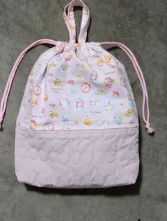 新品未使用 ハンドメイド 通園通学お着替え巾着バッグティーカップ柄ピンク