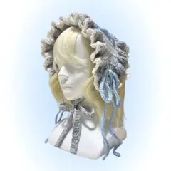 編み上げリボンが可愛い フリルたっぷりヘッドドレス（グレー／白／水色）
