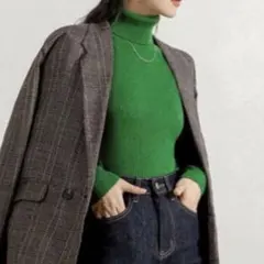 グリーン 長袖ニットセーター 洗えるニット