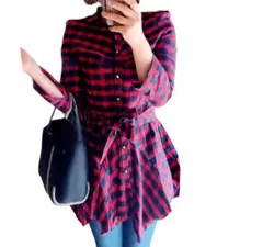 TOP HOMME チェック柄シャツワンピース 長袖 ウエストリボン フレア