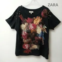 ZARA TRF 半袖麻100%Tシャツ スタッズ 花柄 天使 Mのサムネイル