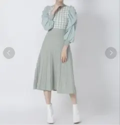 ウィルセレクション ギャザー袖チェックニットワンピース ミント M