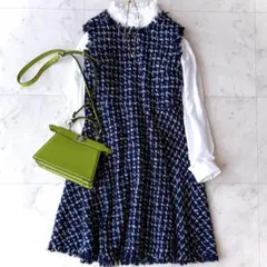 美品 ABISTE リエべ L ロイヤルブルー ツイード 紺 ジャンパースカート