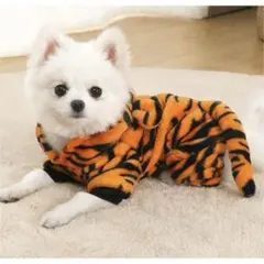 犬服 つなぎ ロンパース 猫服 フード付き 暖かい 秋冬 防寒 部屋散歩服 虎柄のサムネイル