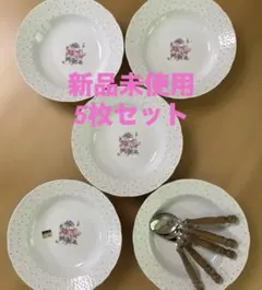 新品未使用 花柄 スープ皿 パスタ皿 5客セット 木製スプーン付