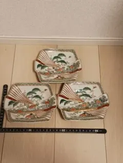 古伊万里 上手 扇面皿 錦手 手描き 松菊に鳥の図 変形皿 3客 幕末