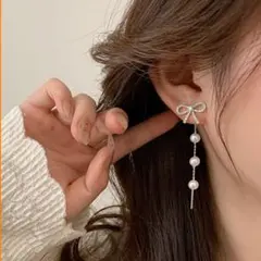 パール リボン ロング ピアス レディース 上品 清楚 可愛い