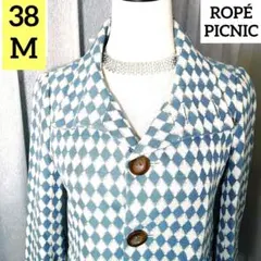 珍しいチェック柄青水色白茶色 テーラードレディースジャケット春秋ロペ総柄ROPE